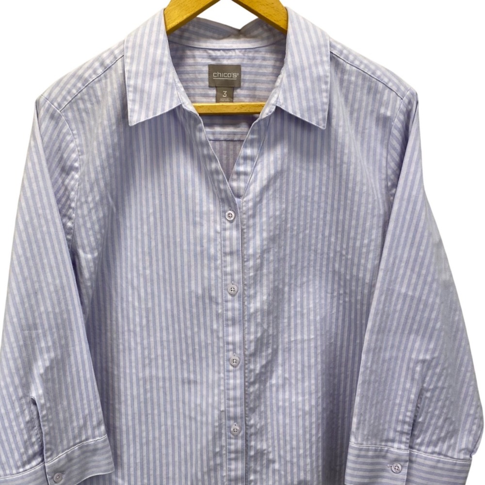 Chicos Striped Button Front Tie Front Shirt Lavender White Womens Size 3 / XL 16